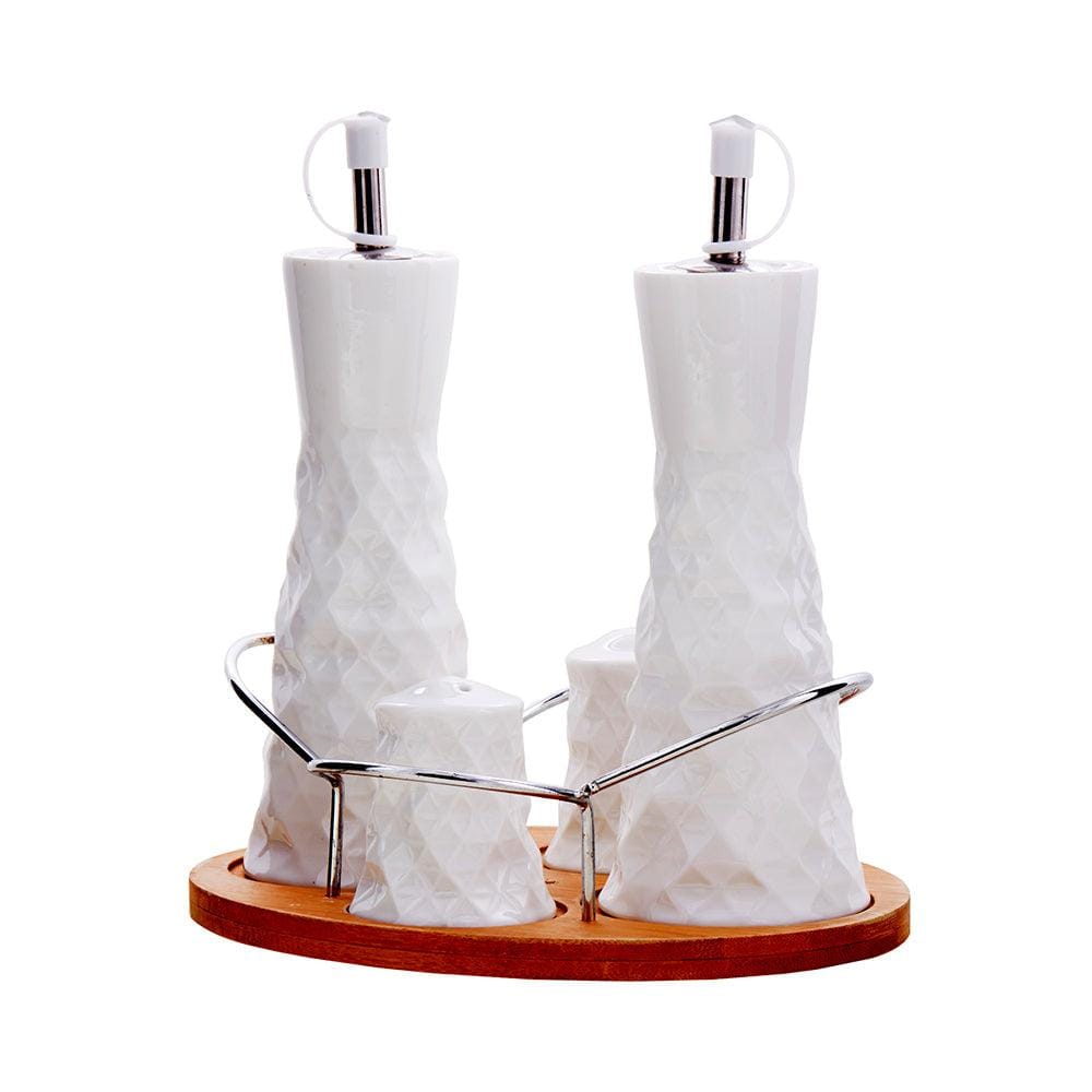 White Ceramic Prisms Oil & Vinegar Dispensers with Salt Pepper Shakers Set