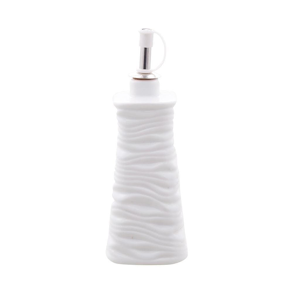 White Ceramic Abstract Oil & Vinegar Dispensers with Salt Pepper Shakers Set