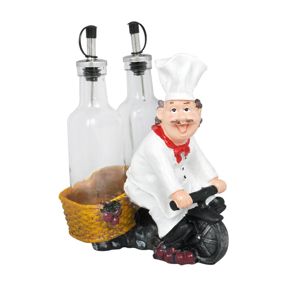 Foodie Chef Figurine Resin Oil & Vinegar Bottles Holder on Bicycle Set (Cane Basket)
