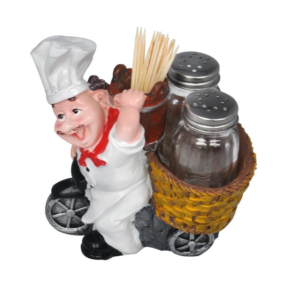 Foodie Chef Figurine Resin Salt & Pepper Shakers with Toothpick Holder Holder on Bicycle Set