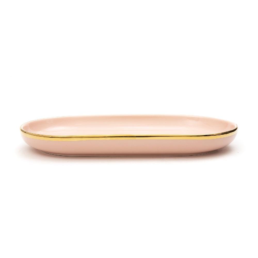 Urbane Select 11.5 Inch Bone China Oval Plate (Glossy Baby Pink with Gold Lining)