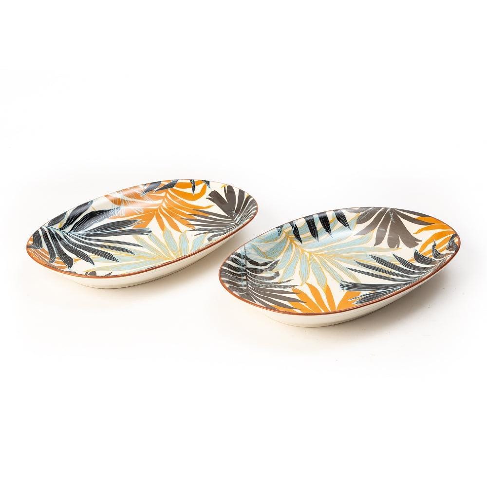 Colorful Palm Leaf 9.5 Inch Ceramic Oval Plates (Pack of 2)