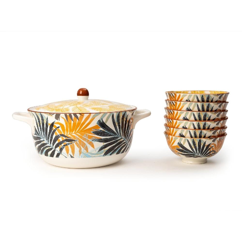 Ceramic Palm Leaf Styled 1 Casserol and 6 Bowls Set
