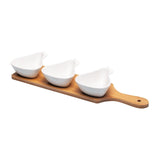 3 Pear Shaped Ceramic Bowls Serving Platter with Wooden Tray Set