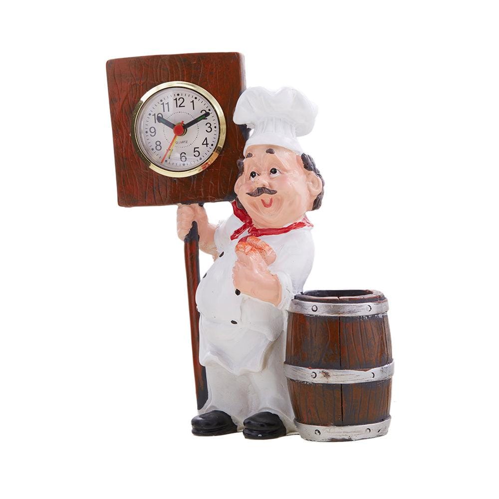 Foodie Chef Figurine Resin Pen Holder with Clock Set (Brown)
