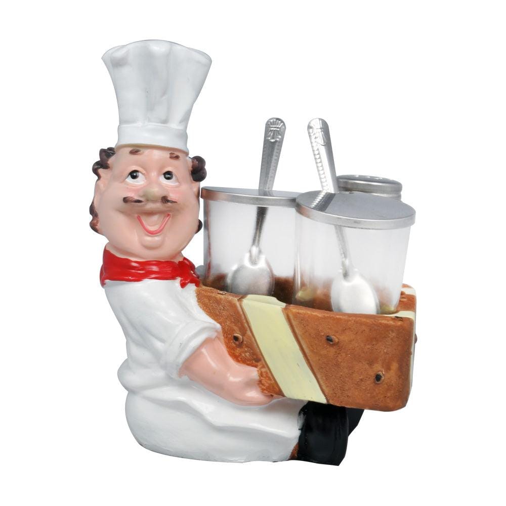 Foodie Chef Figurine Resin Holder Boat with 2 Glass Condiment Jars & 1 Shaker Bottle Set (Left Facing)