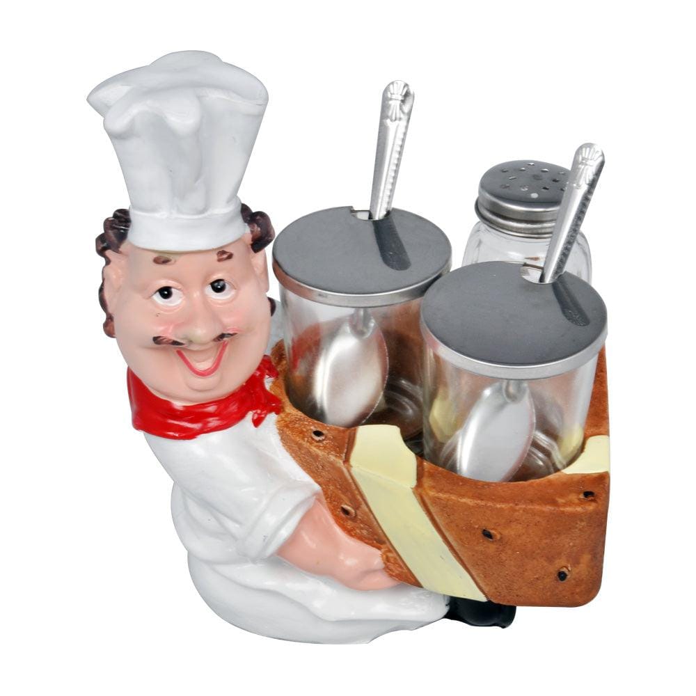 Foodie Chef Figurine Resin Holder Boat with 2 Glass Condiment Jars & 1 Shaker Bottle Set (Left Facing)