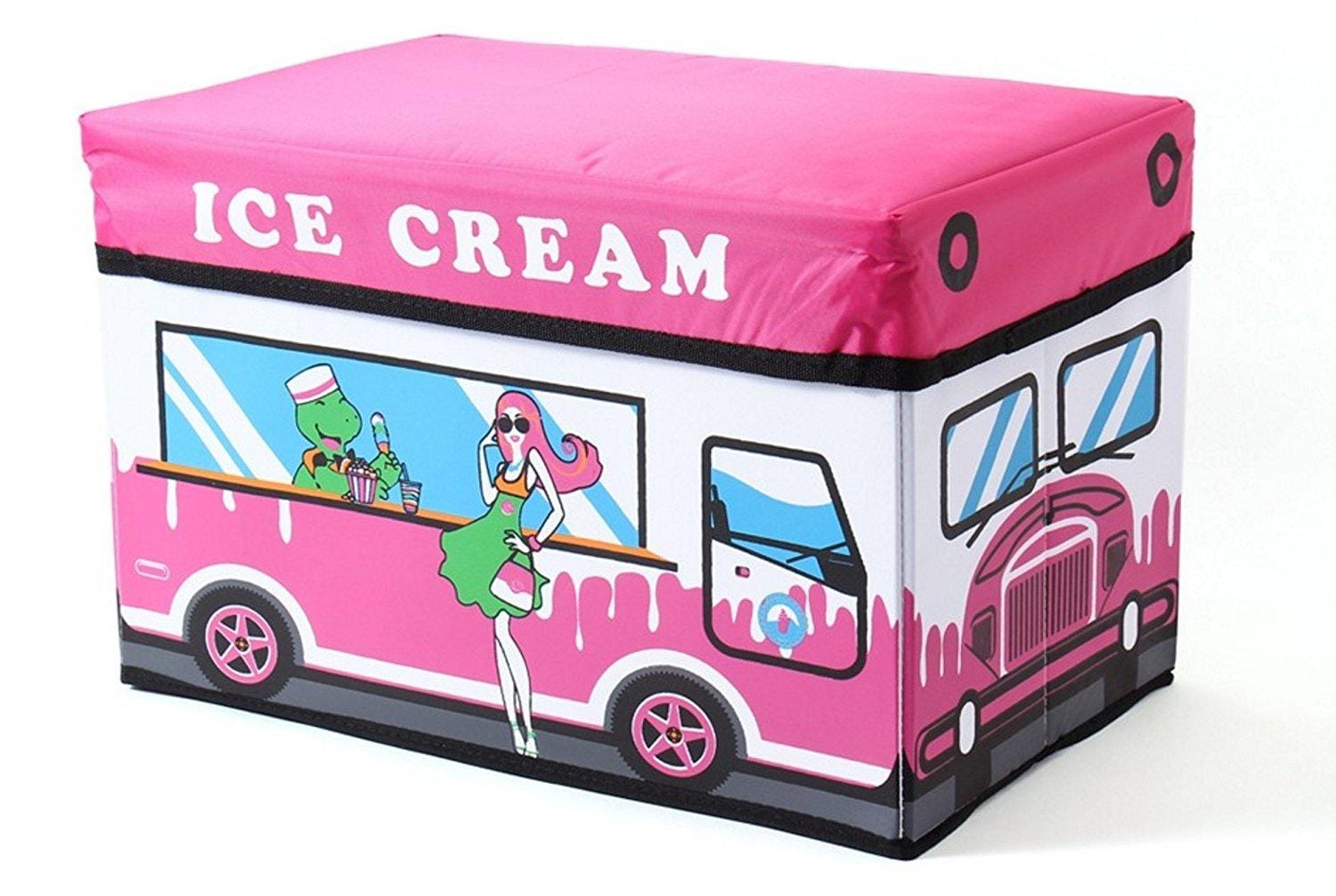 Pink Ice Cream Van - Collapsible Medium Storage Box Cum Sitting Pouf