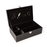 Classy Black 4 Piece Wine Accessory Set in Double Layer Leather Gift Box