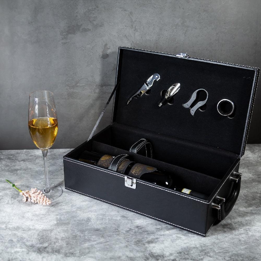 Classy Black 4 Piece Wine Accessory Set in Double Layer Leather Gift Box