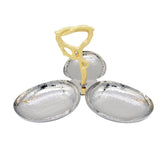 3 Compartments Serving Platter with Golden Plated Handle (White Metal & Stainless Steel)