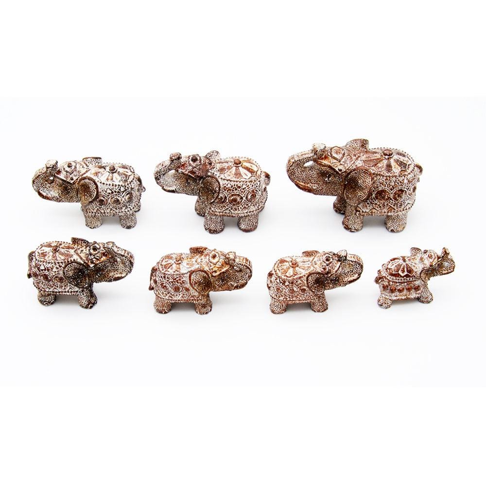 Decorative Set of 7 Elephants in Parade (Antique Wood Brown with Silver Sparkles) Showpiece
