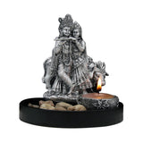 Ornamental Radha Krishna with Tea Light Holder on Wooden Tray Gift Set (Silver)
