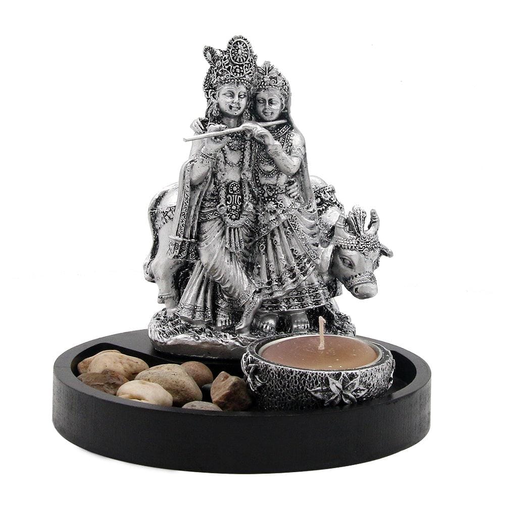 Ornamental Radha Krishna with Tea Light Holder on Wooden Tray Gift Set (Silver)