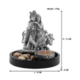 Ornamental Radha Krishna with Tea Light Holder on Wooden Tray Gift Set (Silver)