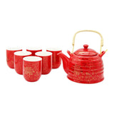 Oriental Red Rich Gold Flowers Ceramic Tea Pot & 6 Cups Sets with SS Infuser in Gift Box