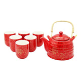 Oriental Red Rich Gold Flowers Ceramic Tea Pot & 6 Cups Sets with SS Infuser in Gift Box