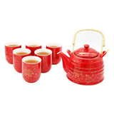 Oriental Red Rich Gold Flowers Ceramic Tea Pot & 6 Cups Sets with SS Infuser in Gift Box