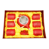 Oriental Red Rich Gold Flowers Ceramic Tea Pot & 6 Cups Sets with SS Infuser in Gift Box