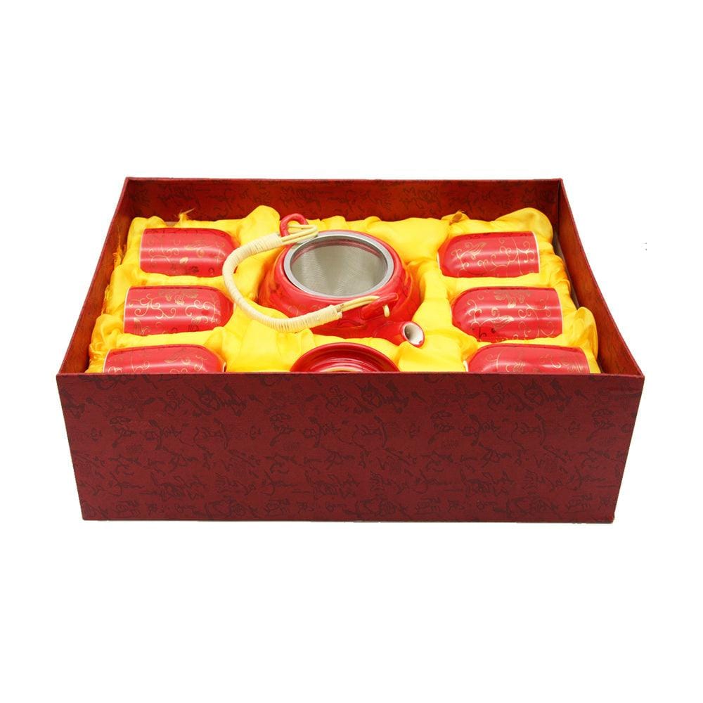 Oriental Red Rich Gold Flowers Ceramic Tea Pot & 6 Cups Sets with SS Infuser in Gift Box