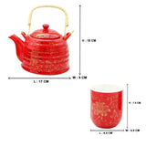 Oriental Red Rich Gold Flowers Ceramic Tea Pot & 6 Cups Sets with SS Infuser in Gift Box