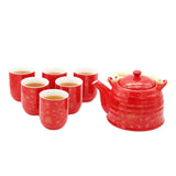 Golden Thin Flower on Red Ceramic Tea Pot & 6 Cup Sets with SS Infuser in Gift Box