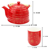 Golden Thin Flower on Red Ceramic Tea Pot & 6 Cup Sets with SS Infuser in Gift Box