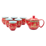 Red Ceramic Tea Pot & 6 Cups Sets with SS Infuser in Gift Box (Black Rim & Golden Flowers)