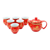 Red Ceramic Tea Pot & 6 Cups Sets with SS Infuser in Gift Box (Black Rim & Golden Flowers)