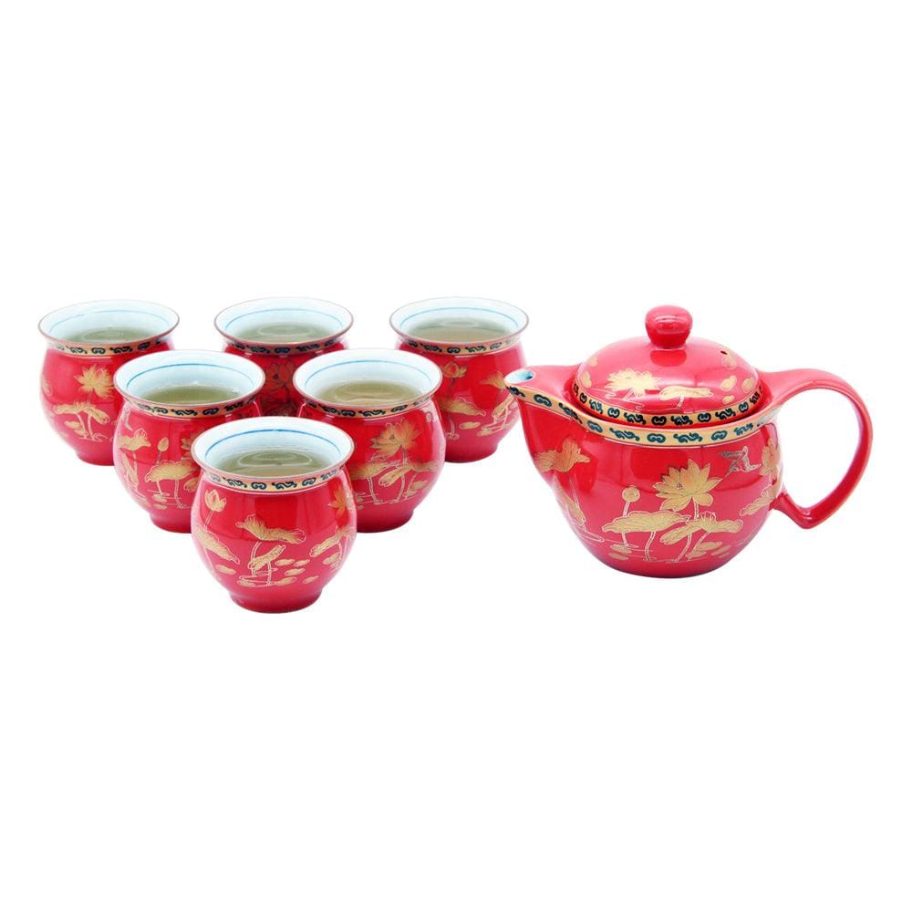 Red Ceramic Tea Pot & 6 Cups Sets with SS Infuser in Gift Box (Black Rim & Golden Flowers)