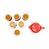 Red Ceramic Tea Pot & 6 Cups Sets with SS Infuser in Gift Box (Black Rim & Golden Flowers)
