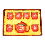Red Ceramic Tea Pot & 6 Cups Sets with SS Infuser in Gift Box (Black Rim & Golden Flowers)