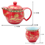 Red Ceramic Tea Pot & 6 Cups Sets with SS Infuser in Gift Box (Black Rim & Golden Flowers)