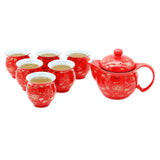 Oriental Rich Gold Flower s Red Ceramic Tea Pot & 6 Cups Sets with SS Infuser in Gift Box