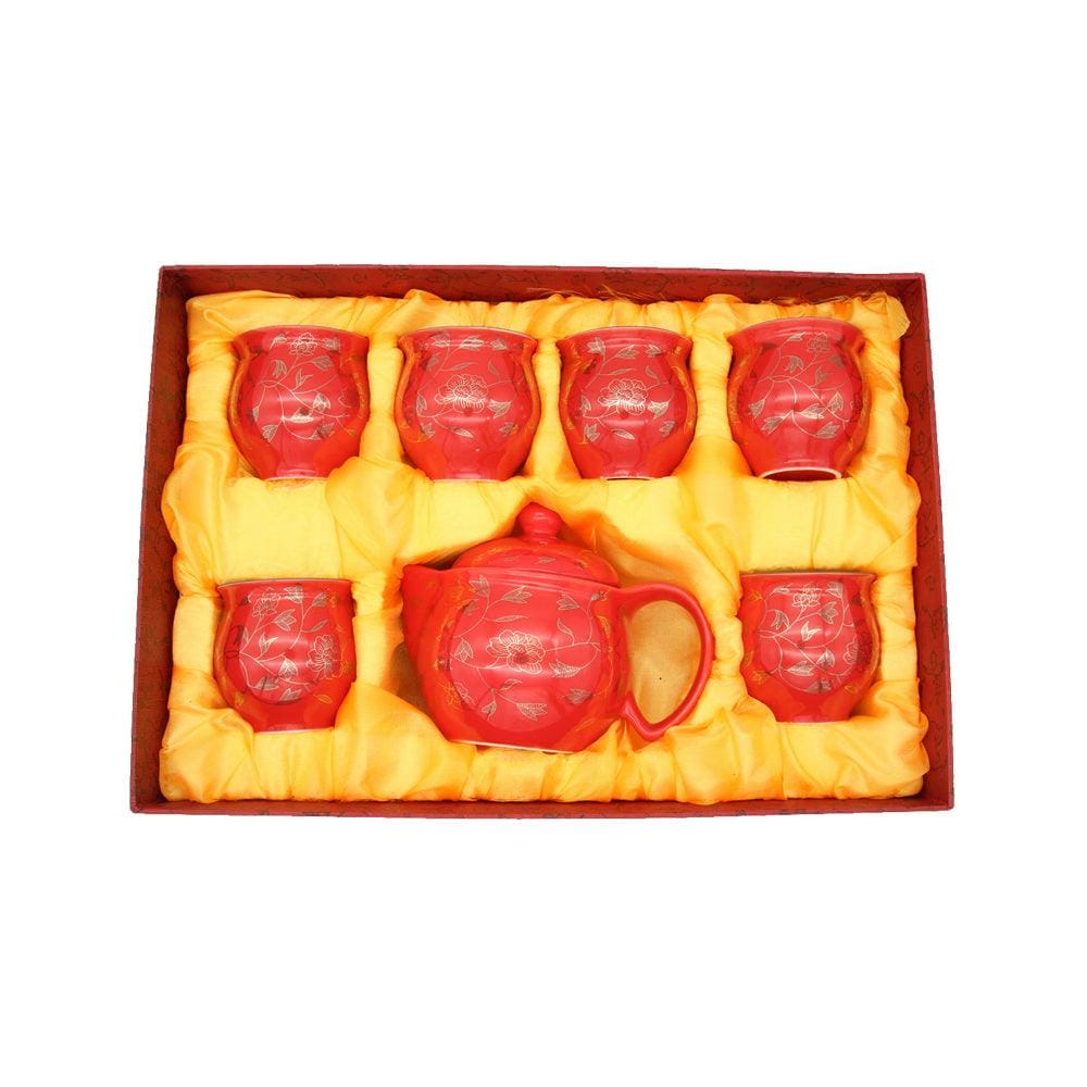 Oriental Rich Gold Flower s Red Ceramic Tea Pot & 6 Cups Sets with SS Infuser in Gift Box