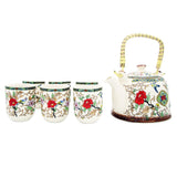 Red Flowers Ceramic Tea Pot with SS Infuser & 6 Cups Set in Gift Box