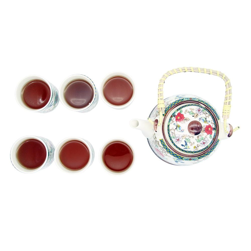 Red Flowers Ceramic Tea Pot with SS Infuser & 6 Cups Set in Gift Box