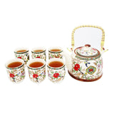 Red Flowers Ceramic Tea Pot with SS Infuser & 6 Cups Set in Gift Box
