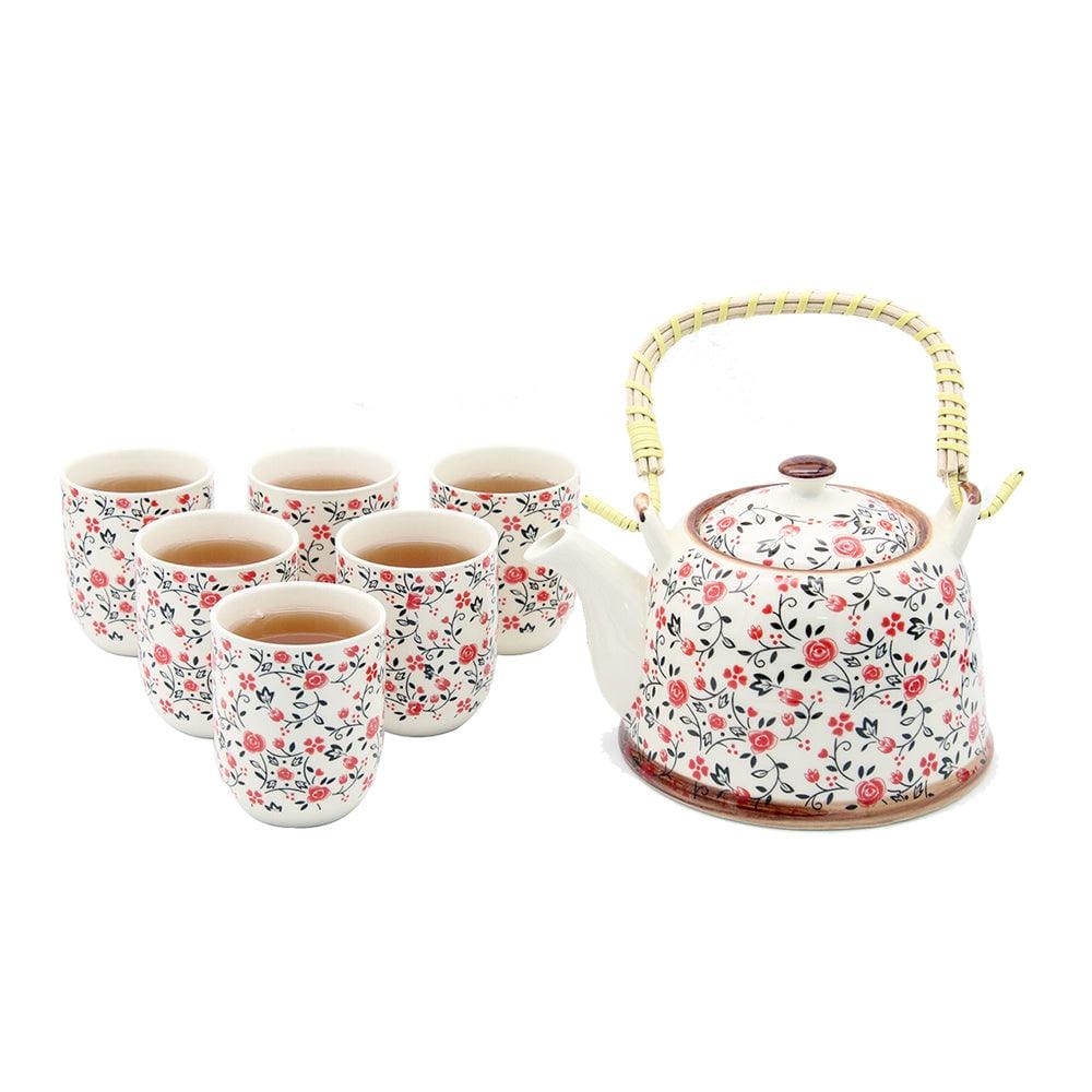 Elegnat Roses Ceramic Tea Pot with SS Infuser & 6 Cups Set in Gift Box