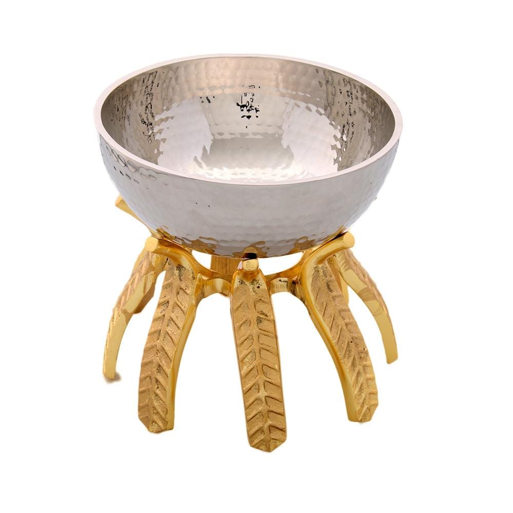 Deep Round White Metal Bowl on Golden Brass Stand Set