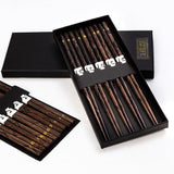 10 Pairs Dark Wood Round Golden Star Inlay Chopsticks Set