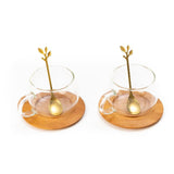 Borosilicate Round Mug with Wooden Tray & Classy Golden Spoon Set (Set of 2)