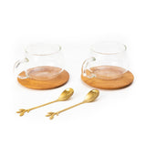 Borosilicate Round Mug with Wooden Tray & Classy Golden Spoon Set (Set of 2)