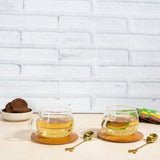 Borosilicate Round Mug with Wooden Tray & Classy Golden Spoon Set (Set of 2)