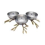 Deep Round Stainless Steel 3 Serving Bowls on Golden Brass Leafy Stem Stand Set