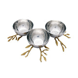 Deep Round Stainless Steel 3 Serving Bowls on Golden Brass Leafy Stem Stand Set