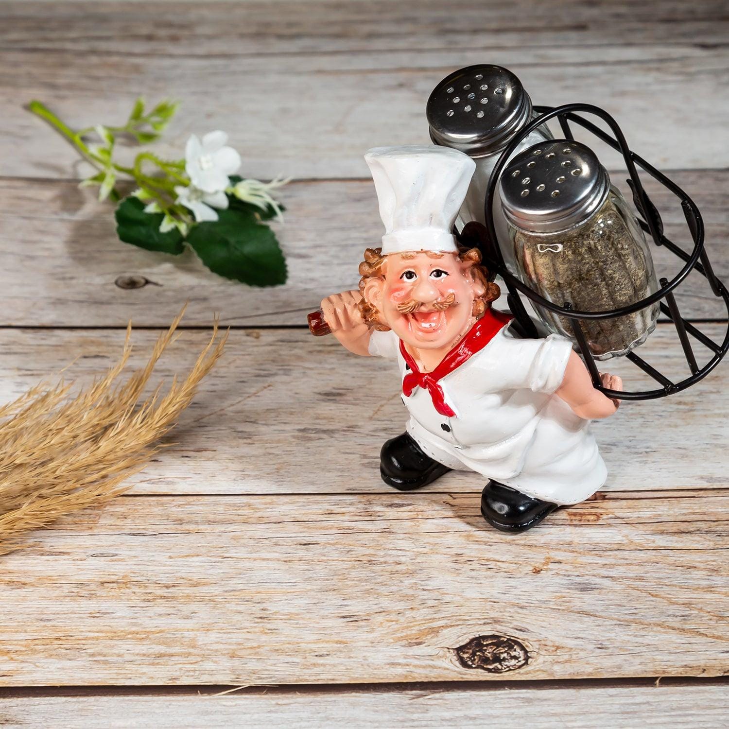 Foodie Chef Figurine Resin Salt & Pepper Shakers Holder Set (All White - On Back)