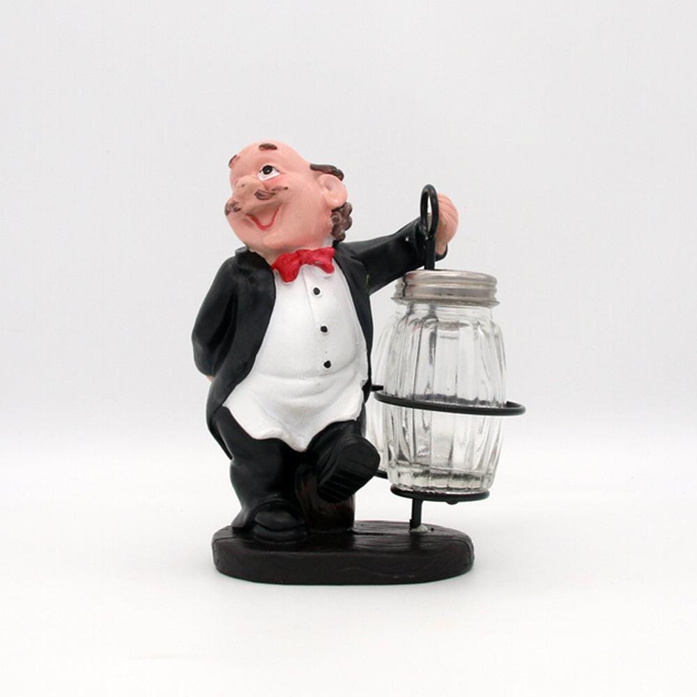 Whacky Waiter Figurine Resin Salt & Pepper Shakers Holder Set (Black Coat)