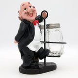 Whacky Waiter Figurine Resin Salt & Pepper Shakers Holder Set (Black Coat)
