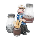 Sitting Sailor Figurine Resin Salt & Pepper Shakers Holder Set (Blue & White)